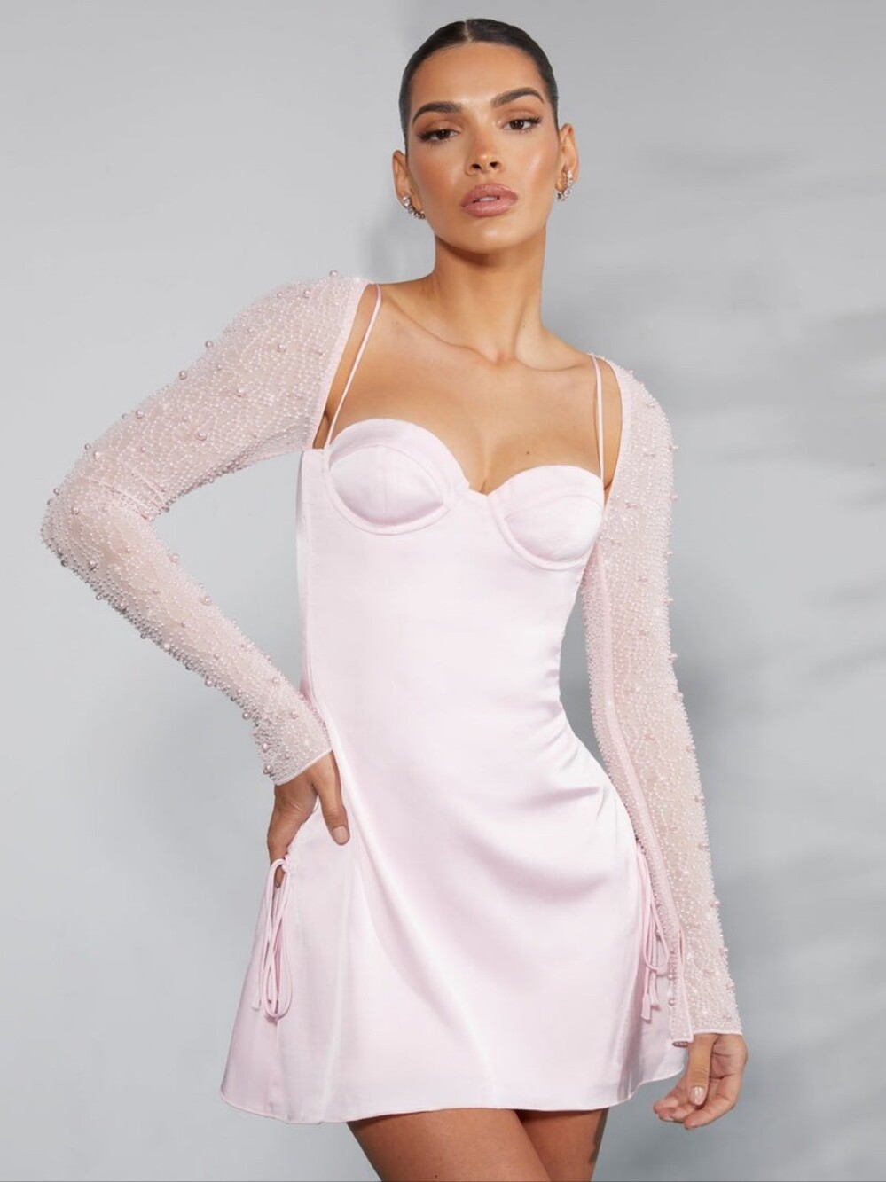 Oh Polly Geneva Long Sleeve Embellished A-line Mini Dress in Blush Pink Size 2 - Picture 2 of 16